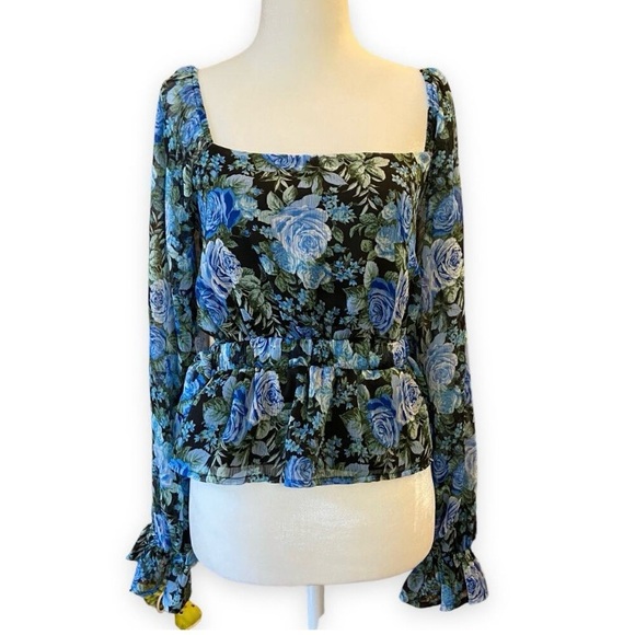 NWT WAYF Blue Rose Open Back Smocked Peplum Blouse - Picture 5 of 12